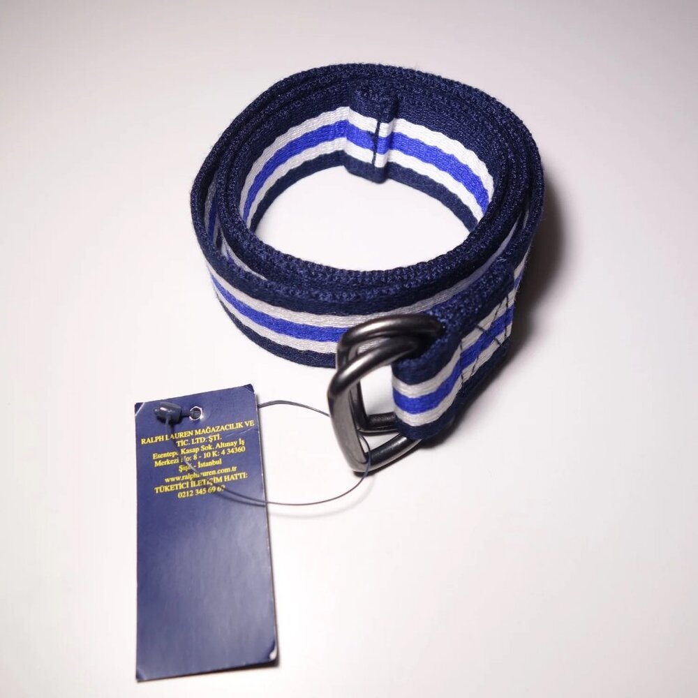 Ralph Lauren Blue & White Stripe Fabric Belt w/ Silver Buckle, Size 31 in